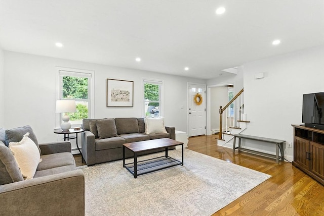 6 Flagg Dr, Framingham, MA 01702 - living room featuring stairs, recessed lighting, and light wood-style floors