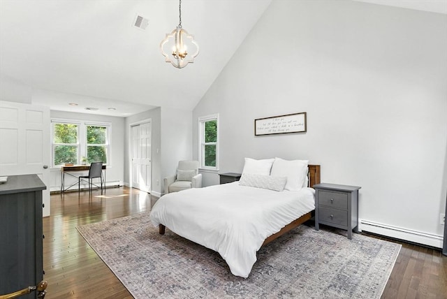 6 Flagg Dr, Framingham, MA 01702 - bedroom featuring a baseboard radiator, a chandelier, high vaulted ceiling, dark wood-style flooring, and a closet