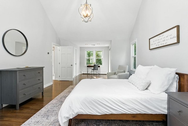 6 Flagg Dr, Framingham, MA 01702 - bedroom with lofted ceiling, dark wood-style floors, and a chandelier