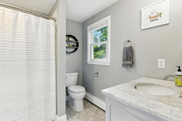 6 Flagg Dr, Framingham, MA 01702 - full bath featuring baseboard heating, vanity, tile patterned floors, and a shower with shower curtain