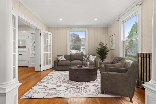 living area featuring wood-type flooring, radiator heating unit, crown molding, and recessed lighting