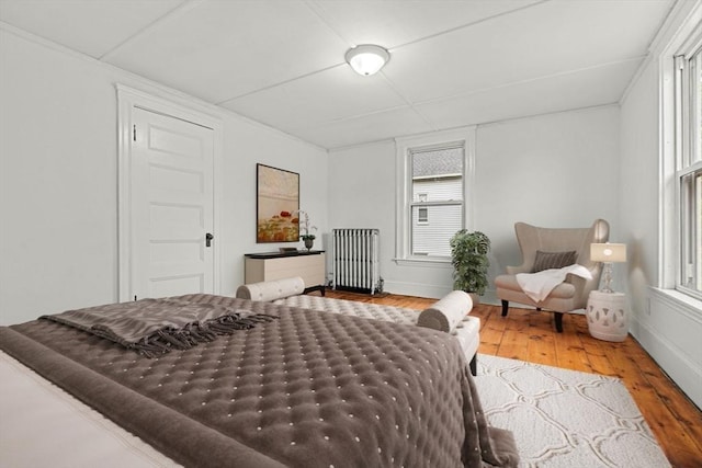 bedroom with radiator heating unit, hardwood / wood-style flooring, and multiple windows