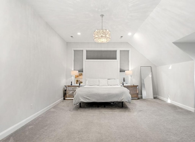 carpeted bedroom with a notable chandelier, recessed lighting, lofted ceiling, and baseboards