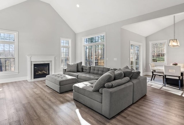 living area with a premium fireplace, wood finished floors, baseboards, and high vaulted ceiling