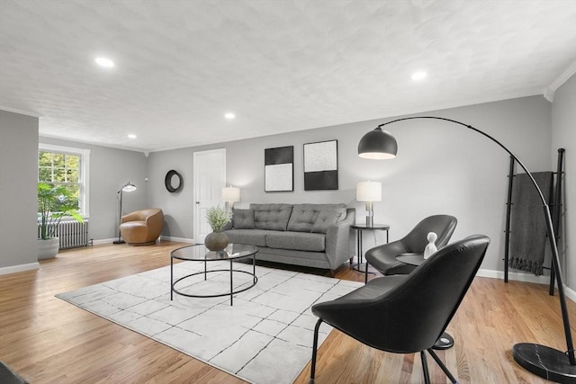 235 Groton Rd, Chelmsford, MA 01863 - living area featuring radiator heating unit, baseboards, recessed lighting, light wood-style floors, and ornamental molding