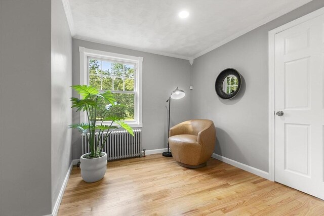 235 Groton Rd, Chelmsford, MA 01863 - living area with radiator, ornamental molding, baseboards, and wood finished floors