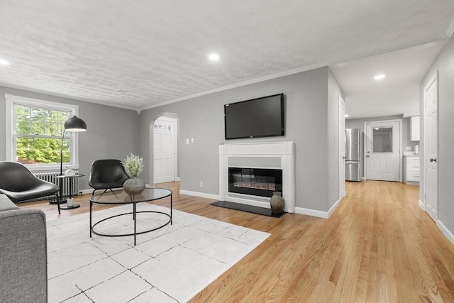 235 Groton Rd, Chelmsford, MA 01863 - living room with arched walkways, light wood-type flooring, recessed lighting, baseboards, and a glass covered fireplace