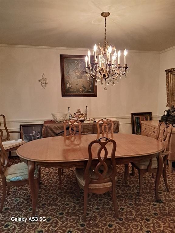 217 Grove St, Paxton, MA 01612 - dining room featuring a chandelier, crown molding, wainscoting, and a decorative wall