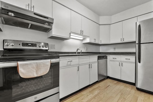 kitchen featuring stainless steel appliances, sink, white cabinets, and light wood-type flooring