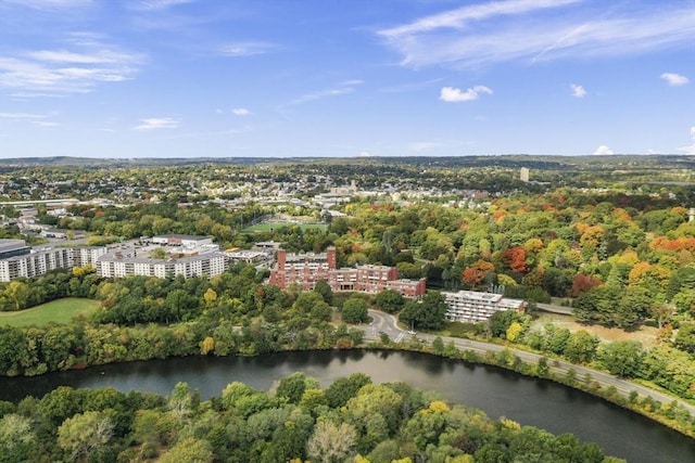 drone / aerial view with a water view