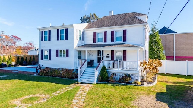 6 Park St, Dartmouth, MA 02748 - view of front of property with a porch, stairway, a shingled roof, and a chimney