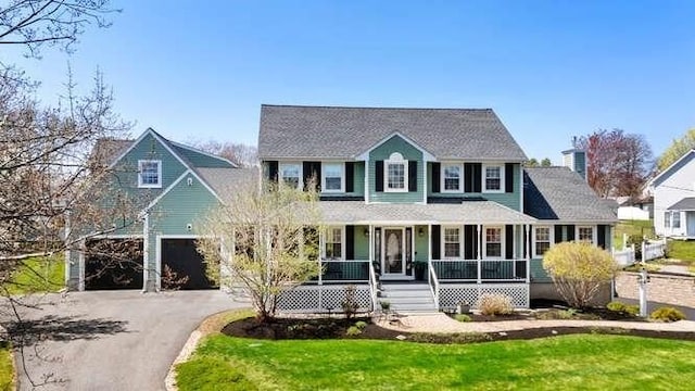 colonial inspired home with a porch, driveway, a garage, and a front yard