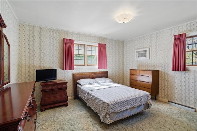 bedroom with carpet floors, a baseboard radiator, and ornamental molding