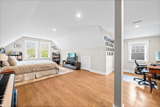 26 Downing Rd, Lexington, MA 02421 - bedroom with light wood finished floors, lofted ceiling, baseboards, an office area, and recessed lighting