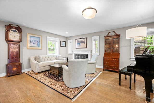 26 Downing Rd, Lexington, MA 02421 - living area featuring light wood-style flooring, a fireplace, baseboards, and recessed lighting
