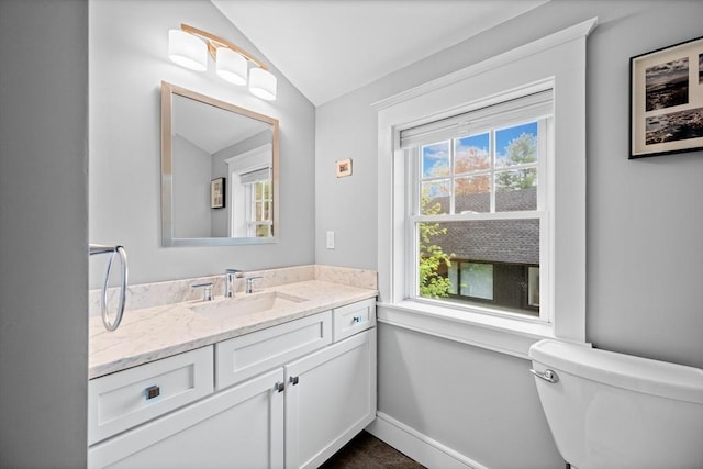 26 Downing Rd, Lexington, MA 02421 - half bathroom featuring vaulted ceiling, healthy amount of natural light, vanity, toilet, and baseboards