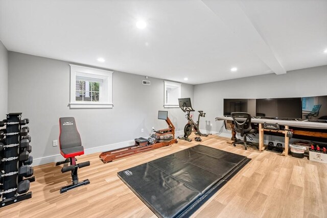 26 Downing Rd, Lexington, MA 02421 - exercise area with wood finished floors, baseboards, and recessed lighting