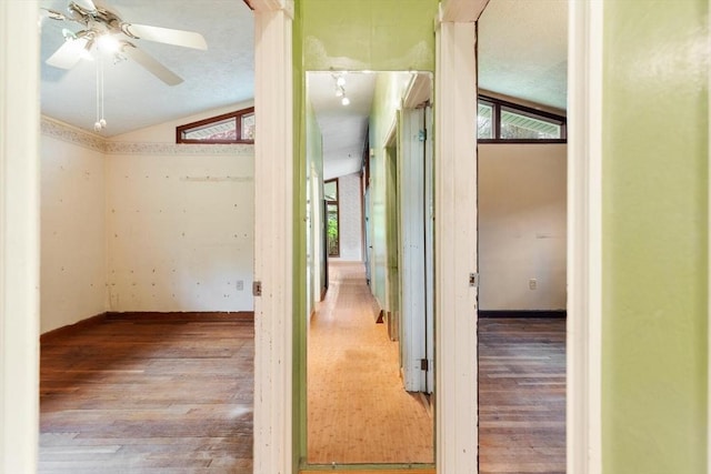 hall featuring lofted ceiling, wood finished floors, and baseboards