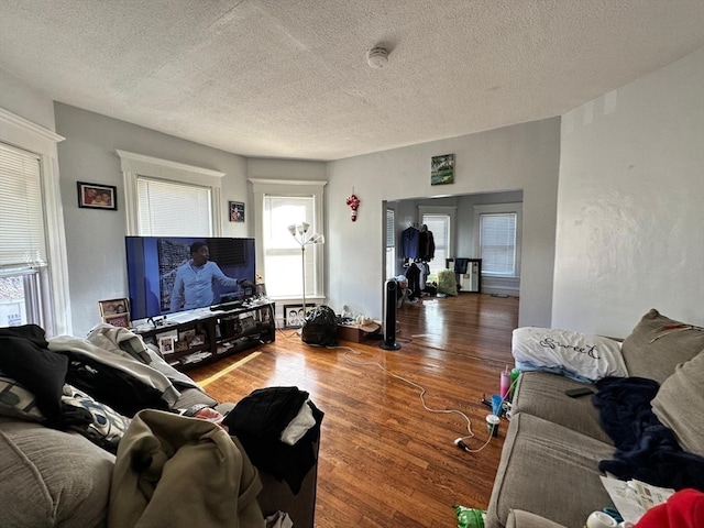 living room with wood-type flooring and a textured ceiling