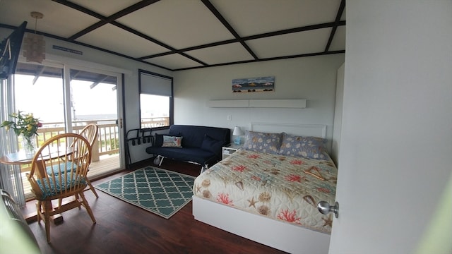 bedroom featuring access to outside, wood-type flooring, and coffered ceiling