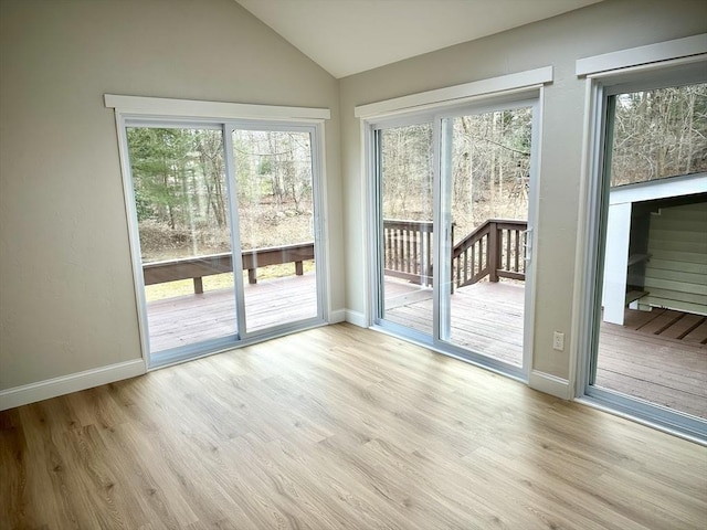 entryway featuring wood finished floors, a healthy amount of sunlight, and lofted ceiling