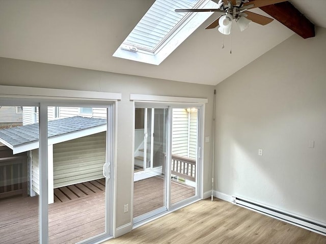 interior space with lofted ceiling with skylight, light wood-style flooring, plenty of natural light, and baseboard heating