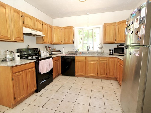 239 Union St, Franklin, MA 02038 - kitchen featuring under cabinet range hood, black appliances, a sink, and light tile patterned floors