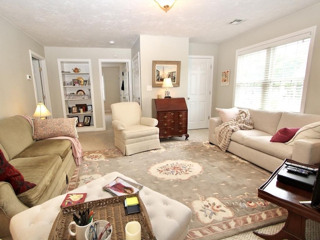 239 Union St, Franklin, MA 02038 - living room featuring carpet, built in features, and a textured ceiling
