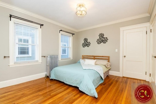 bedroom featuring multiple windows, radiator heating unit, and light wood-style floors