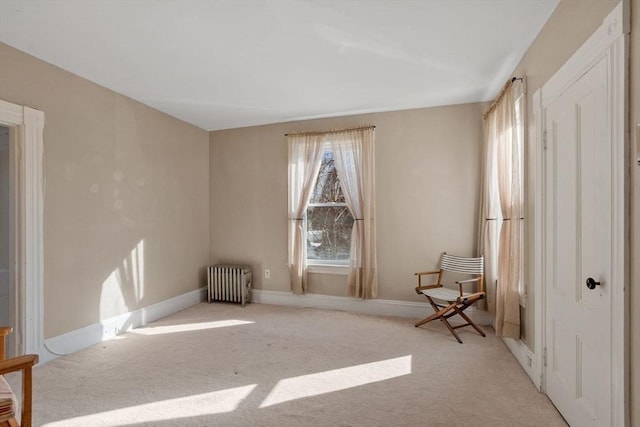 unfurnished room with radiator and light colored carpet