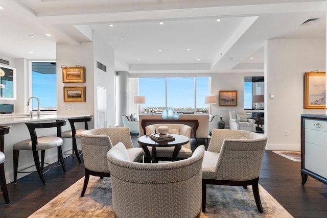 living room with dark hardwood / wood-style floors