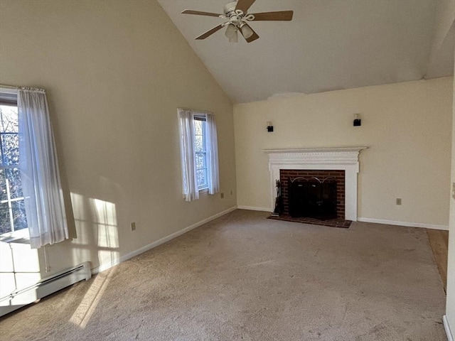 unfurnished living room featuring ceiling fan, carpet floors, high vaulted ceiling, and a brick fireplace