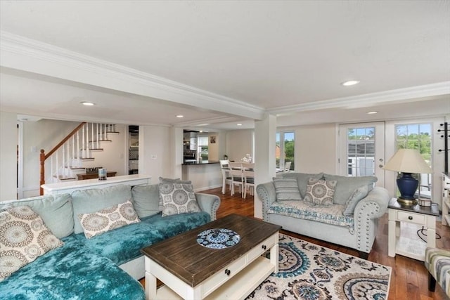701 Nashua Rd, Dracut, MA 01826 - living area featuring crown molding, stairs, wood finished floors, recessed lighting, and baseboards