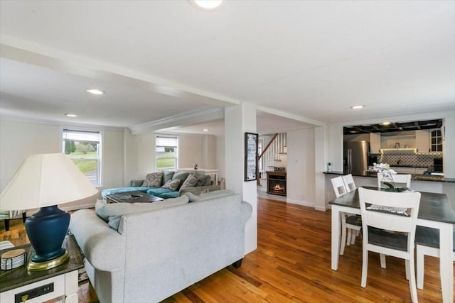 701 Nashua Rd, Dracut, MA 01826 - living room featuring stairs, wood finished floors, and recessed lighting