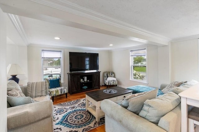 701 Nashua Rd, Dracut, MA 01826 - living area with ornamental molding, healthy amount of natural light, wood finished floors, and recessed lighting