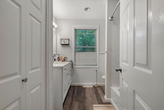 452 Nathan Ellis Hwy, Mashpee, MA 02649 - bathroom featuring vanity, wood finished floors, and shower / bathtub combination