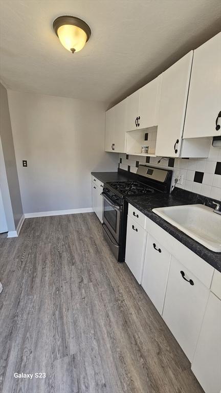 kitchen with gas range, wood finished floors, backsplash, and a sink