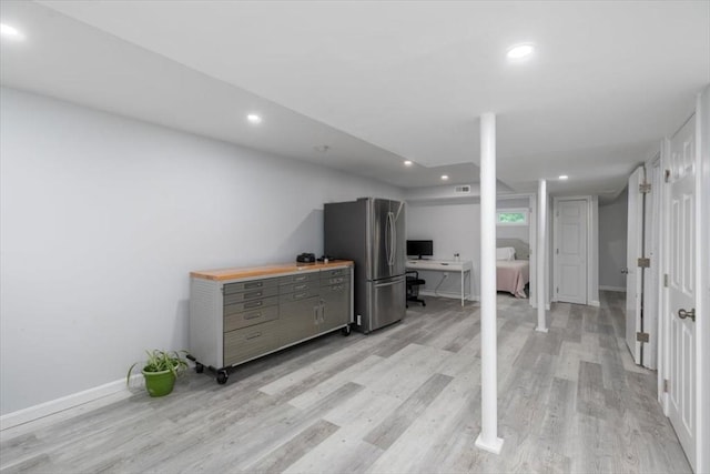 30 Shawnee, Pepperell, MA 01463 - finished basement featuring freestanding refrigerator, light wood-style flooring, recessed lighting, and an office area