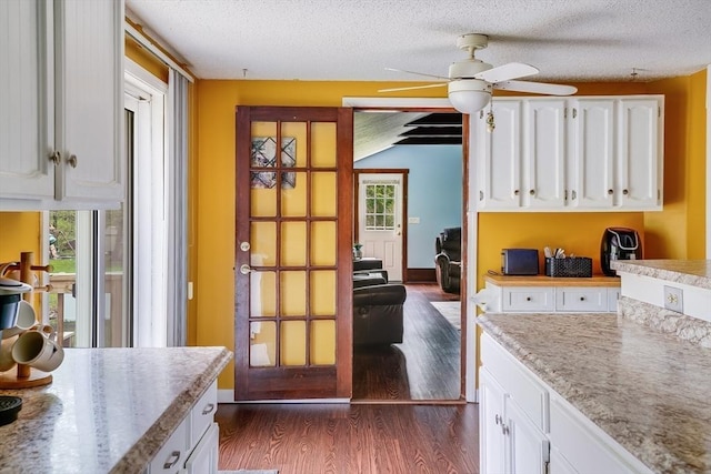kitchen with a ceiling fan, dark wood-style floors, white cabinetry, a textured ceiling, and lofted ceiling