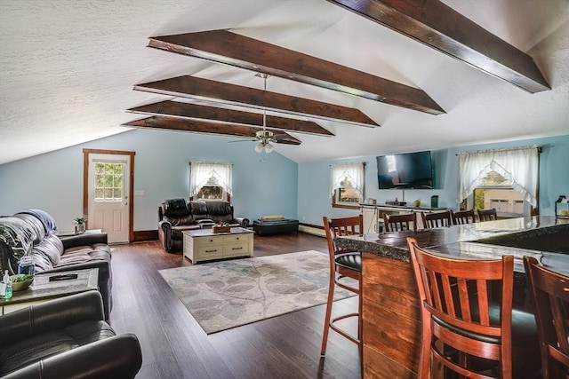 living area featuring plenty of natural light, wood finished floors, and a ceiling fan