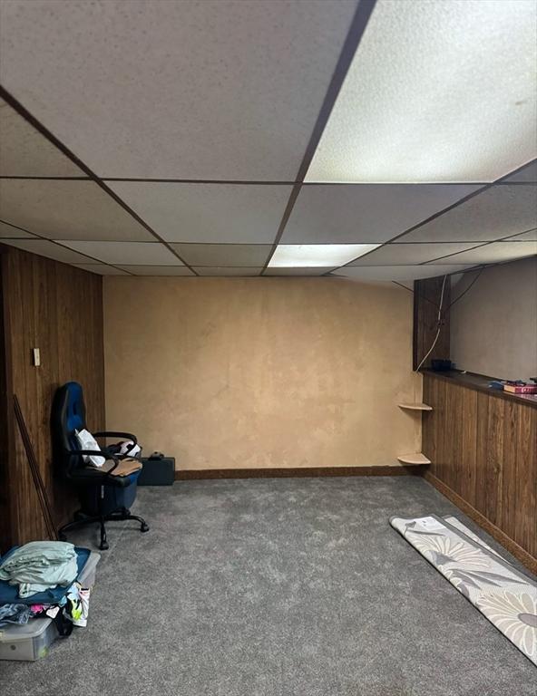 basement with carpet floors, a drop ceiling, and wooden walls