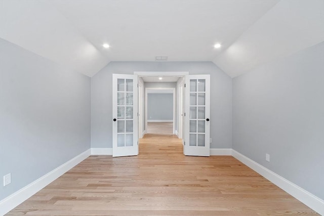 192 Tahattawan, Littleton, MA 01460 - bonus room with french doors, vaulted ceiling, baseboards, light wood-style flooring, and recessed lighting