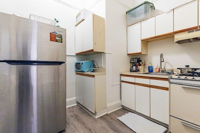 8 Garrison St Unit 110, Boston, MA 02116 - kitchen with freestanding refrigerator, white gas range, under cabinet range hood, light wood-type flooring, and light countertops