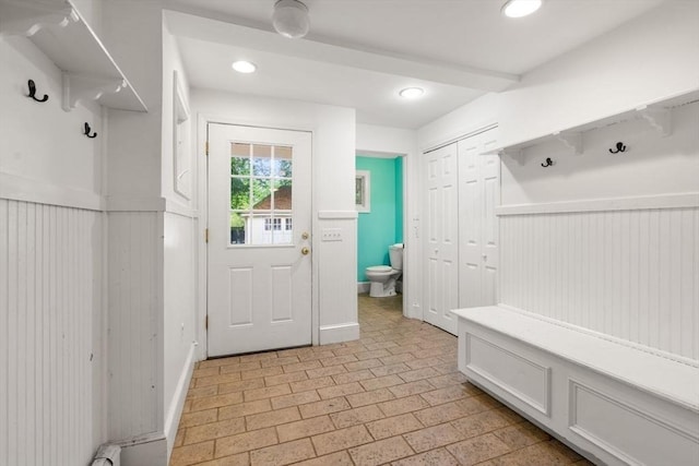 65 Kirkstall Rd, Newton, MA 02460 - mudroom with wainscoting and recessed lighting