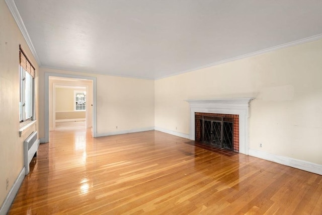 65 Kirkstall Rd, Newton, MA 02460 - unfurnished living room featuring ornamental molding, light wood-style flooring, radiator, and a brick fireplace