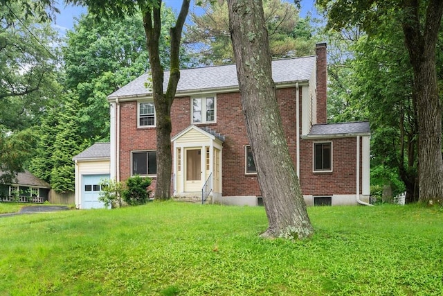 65 Kirkstall Rd, Newton, MA 02460 - colonial inspired home with a chimney, a front lawn, brick siding, roof with shingles, and an attached garage