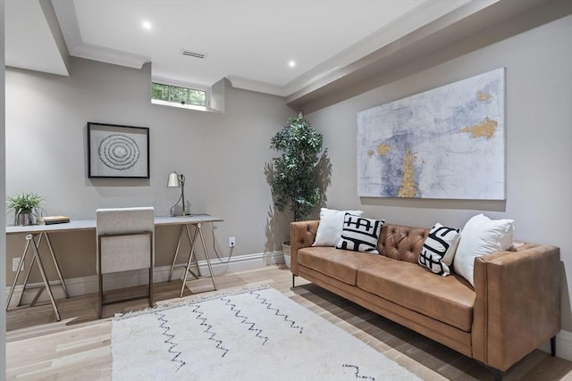 17 Alveston St Unit A, Boston, MA 02130 - office area featuring wood finished floors, baseboards, visible vents, recessed lighting, and crown molding