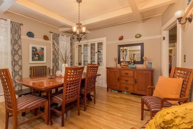 44 Fairview St, Fitchburg, MA 01420 - dining space featuring light wood-style flooring, an inviting chandelier, beam ceiling, and coffered ceiling