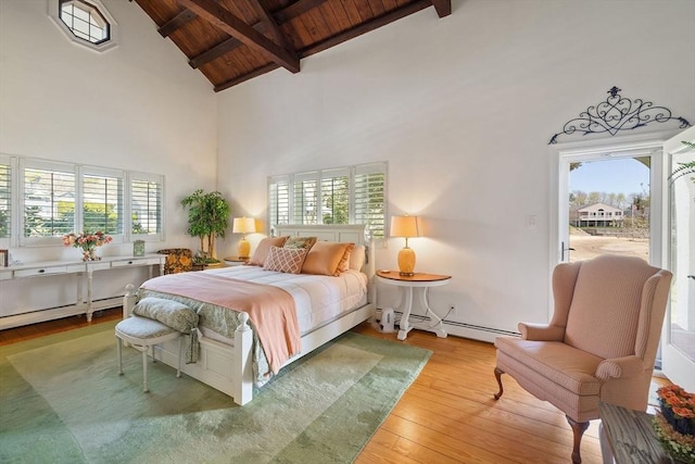bedroom with access to exterior, wood-type flooring, high vaulted ceiling, beam ceiling, and wooden ceiling