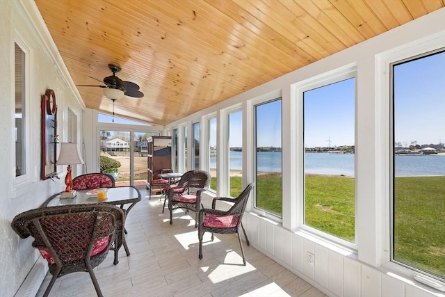 sunroom / solarium with a water view and a ceiling fan